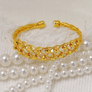 Dubai style 24k gold plated hollow mesh bangle with beaded accents for bridal wedding