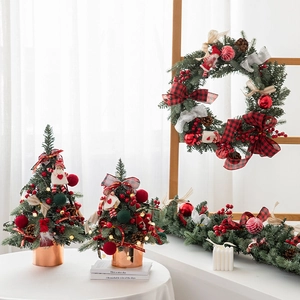 Mini PE Christmas tree set with red bows, pine cones, and LED lights for tabletop decor