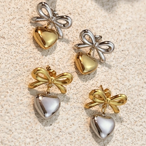 Bowknot heart drop earrings in 18K gold plated stainless steel with mixed metal finish