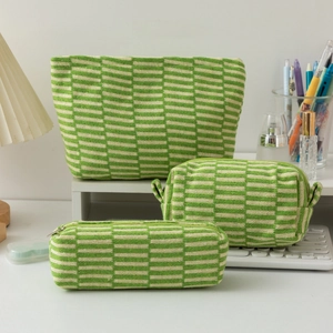 Knitted Polyester Makeup Bag And Pencil Case Striped Checkerboard Zipper Portable Aesthetic Pouch Travel School Storage