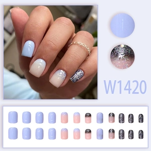 Short lavender and pink gradient press-on nails with silver glitter detail, 24 pieces