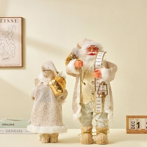 Statuine di Babbo Natale nordico color crema e oro con paillettes per decoro natalizio