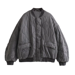 Close-up of dark grey quilted bomber jacket with gourd stitching and ribbed collar details