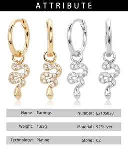 Detailed attribute chart for S925 silver snake earrings with CZ stones and plating info