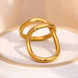 Detailed macro view of 18K gold plated stainless steel double band ring on white tray
