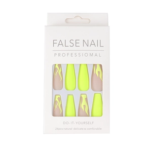 Detailed packaging view of matte neon yellow flame pattern long ballerina press-on nails