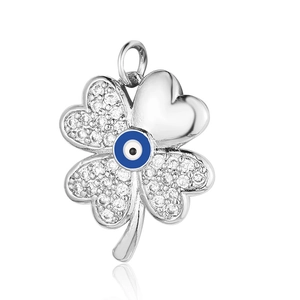 Detail of silver clover pendant with blue evil eye center and clear pavé zircon stones