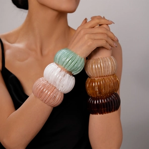 Bracelet Jonc Nervuré Vintage Résine Acrylique Géométrique Large Élastique Style Bohème Rétro Bijoux De Main Pour Femmes