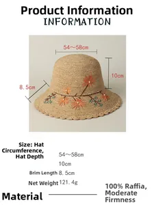 Size chart for handmade raffia sun hat showing circumference, crown depth, and brim length