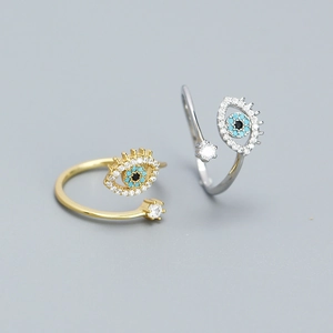 Evil Eye Adjustable Open Ring 925 Sterling Silver Cubic Zirconia Turquoise Minimalist Fashion Band For Women