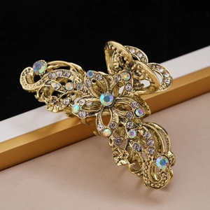 Vintage hollow flower metal hair claw clip with colorful rhinestones in bronze finish