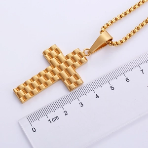Detailed size measurement of 18k gold plated checkered cross pendant with ruler