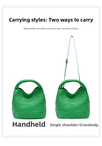 Detail of green woven tote showing two carrying styles with adjustable shoulder strap