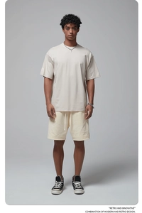 Detailed look at the oversized beige heavy cotton T-shirt and drawstring shorts set