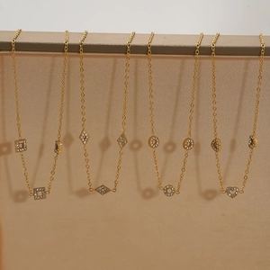 Gold stainless steel necklaces with square, rhombus, round and heart crystal pendants