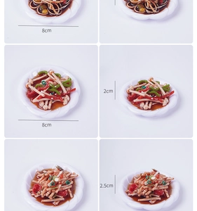 Detailed size view of 8cm miniature food models on white scalloped plates for display