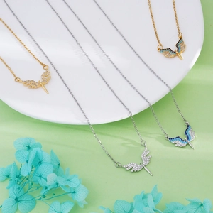 Titanium steel angel wings heart necklace in gold and silver with blue zircons