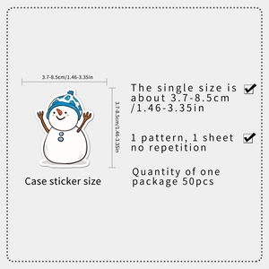 Detailed size specifications for 50pcs waterproof snowman stickers ranging from 3.7 to 8.5cm