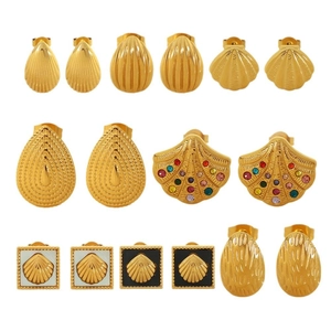 Elegant gold titanium steel shell earrings set with colorful rhinestones in a grid view