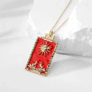 Gold Tarot The Moon pendant necklace with red enamel and colorful zircon borders