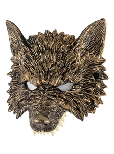 Detailed close-up showing bronze wolf mask texture, realistic faux fur and sharp fangs