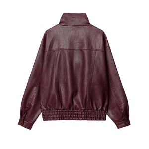 Back view of burgundy faux leather jacket featuring stand collar and elastic gathered waist