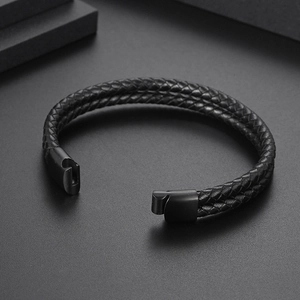Double-layered black braided leather bracelet with a sleek black magnetic clasp