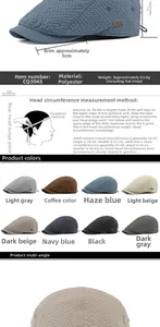 Detail showing waffle texture polyester newsboy cap with side metal logo and dimensions