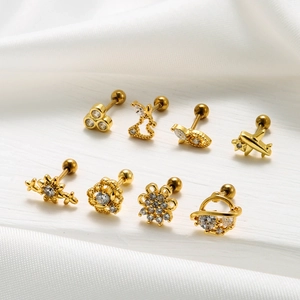 Set of 8 gold stainless steel stud earrings with zircon crystals in diverse nature shapes