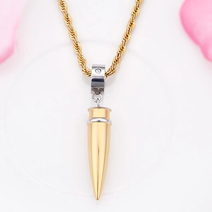 Detail of gold bullet pendant with inlaid rhinestone on a matching twisted rope chain