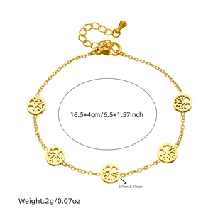 Gold stainless steel tree of life charm bracelet with adjustable chain for women
