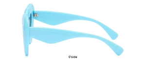 Side view of light blue heart-shaped sunglasses with polished plastic frame and lenses