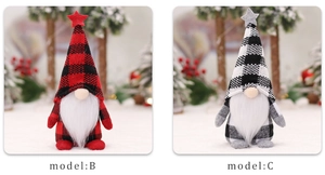 Detail of checkered gnome ornaments with star motifs and soft white faux fur beards
