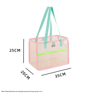 Detail showing white mesh beach bag with pink trim and dimensions of 35x20x25 CM
