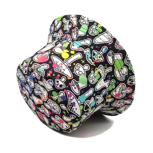Retro mushroom graffiti bucket hat with colorful splatter print on black fabric