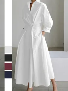 Robe Chemise Maxi Manches Longues Couleur Unie Polyester Boutonnée Revers Avec Poches Taille Cintrée Décontractée Pour Femmes