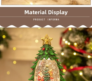 Macro view of Christmas tree snow globe with Santa Claus, LED lights and glitter