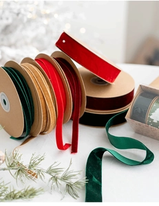 Colorful velvet ribbons for Christmas DIY bows and festive gift wrapping decoration