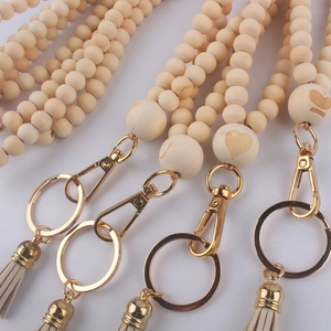 Boho wood bead lanyard for teacher or nurse badge with leather tassel and heart detail