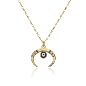 Detailed view of 18K gold plated crescent and devil eye pendant with zircon stones