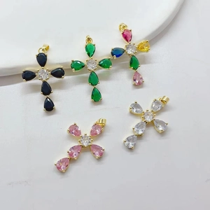 Cross Pendant Charm Copper Gold Plated Teardrop Cubic Zirconia Water Drop Micro Inlay Religious Elegant Jewelry Making DIY