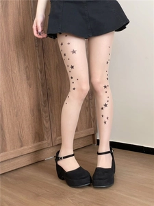 Detailed view of sheer tights featuring a stylish star print pattern and white fabric