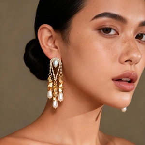 Détail de boucles d'oreilles dorées 18 carats avec perles et glands de zircon