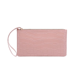 Pink faux crocodile leather long wallet for women with wrist strap and metal zipper