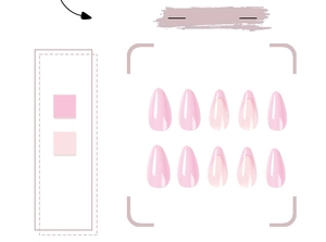 Detail of almond-shaped pink French tips and solid press-on nails in glossy finish