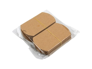 Flat-lay stack of brown kraft paper pillow boxes wrapped in clear plastic packaging