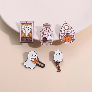 Halloween cartoon ghost enamel brooch set with tarot lovers and pumpkin punk patterns