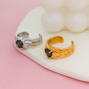 Lava texture gold and silver plated titanium rings with black gemstone inlay for women