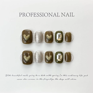 Handmade press-on nails in coffee brown and olive green with 3D heart and rhinestone accents