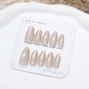Handmade almond champagne cat-eye press-on nails set with 10 long pieces on a white card